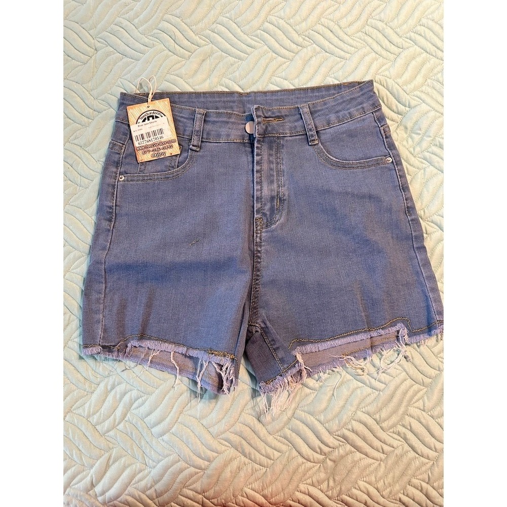 Tees2urdoor Womens Light Blue Denim Shorts‎ High Waisted Frayed Hem Size M